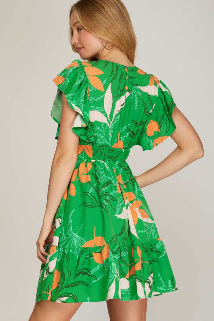 GREEN SMOCKED BACK WAIST TIERED WOVEN MINI DRESS