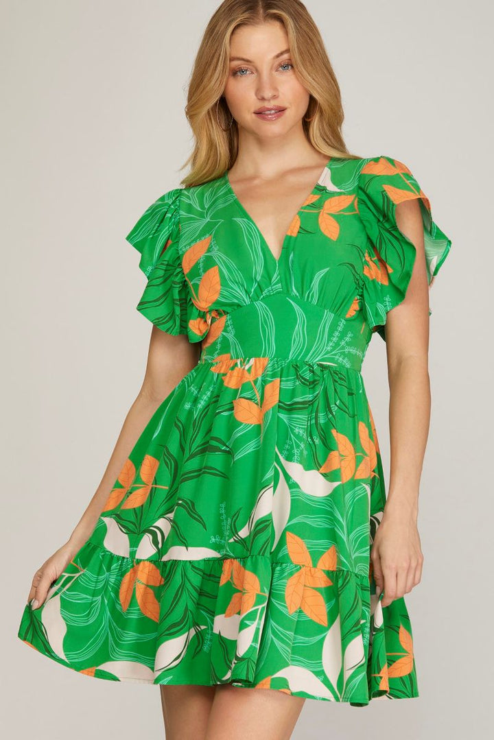 GREEN SMOCKED BACK WAIST TIERED WOVEN MINI DRESS