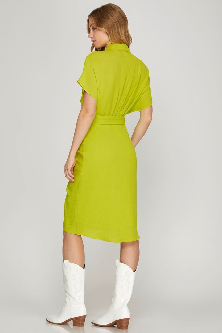 CHARTREUSE COLLARED BUTTON DOWN PLACKET WOVEN MIDI DRESS SKSY1134R
