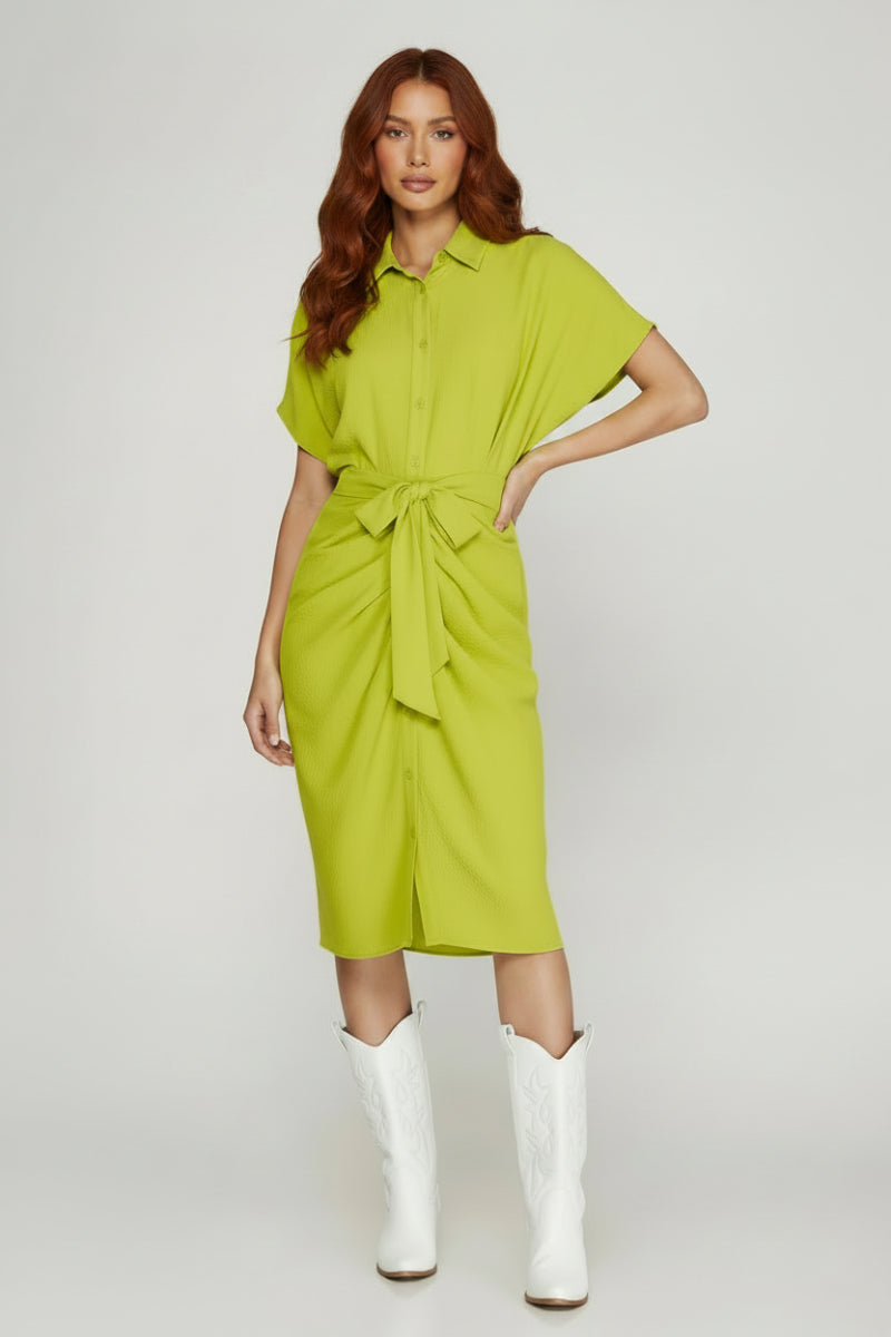 CHARTREUSE COLLARED BUTTON DOWN PLACKET WOVEN MIDI DRESS SKSY1134R CHARTREUSE COLLARED BUTTON DOWN PLACKET WOVEN MIDI DRESS SKSY1134R