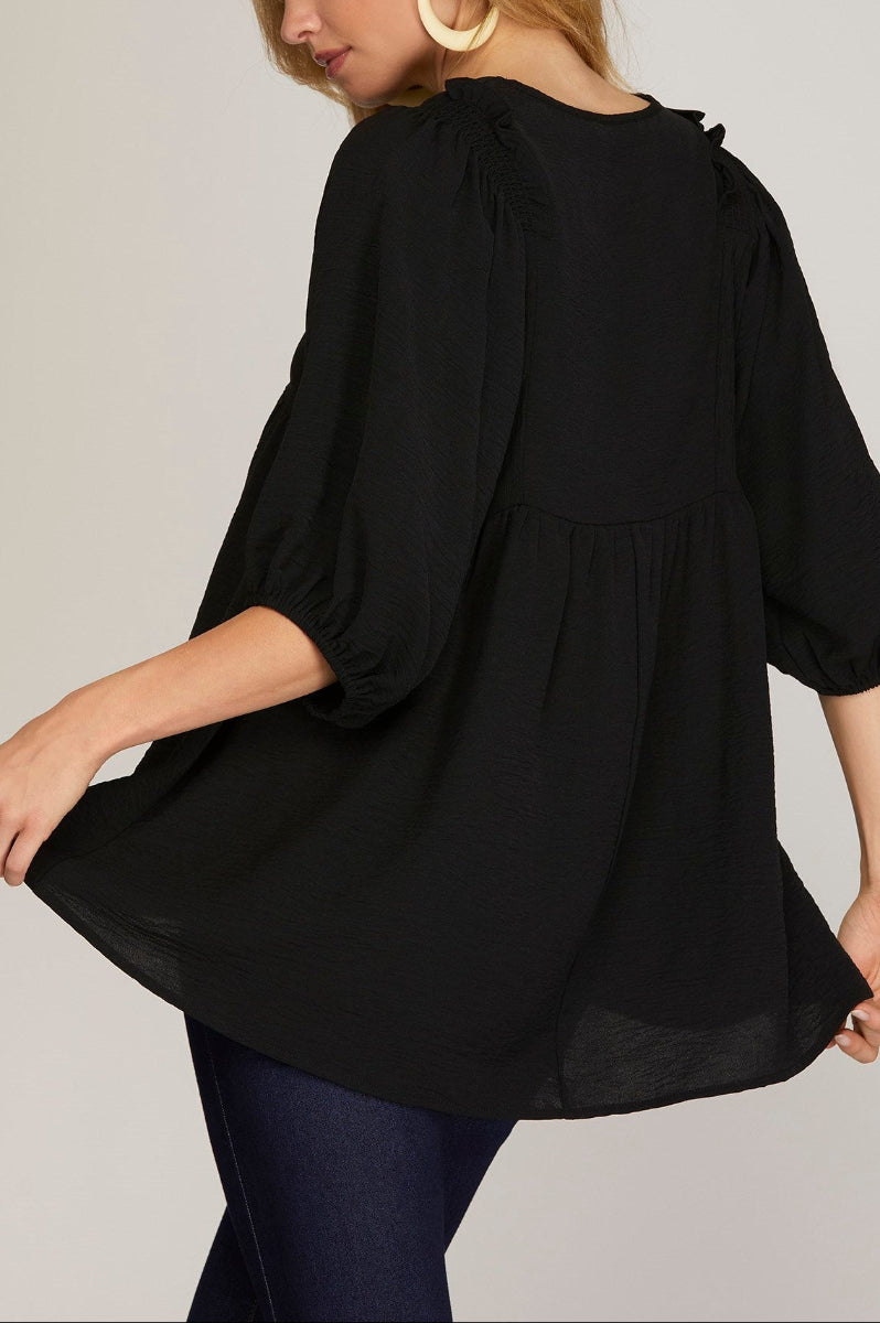 1/2 SLEEVE SMOCKED SHOULDER TUNNIC WOVEN TOP-SKSY6792*