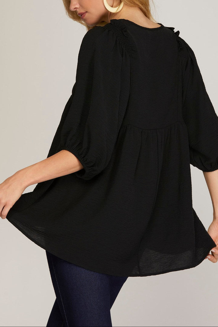 1/2 SLEEVE SMOCKED SHOULDER TUNNIC WOVEN TOP-SKSY6792*