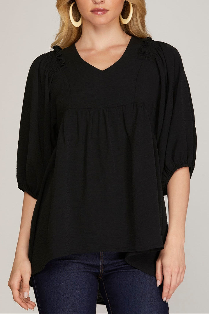1/2 SLEEVE SMOCKED SHOULDER TUNNIC WOVEN TOP-SKSY6792*