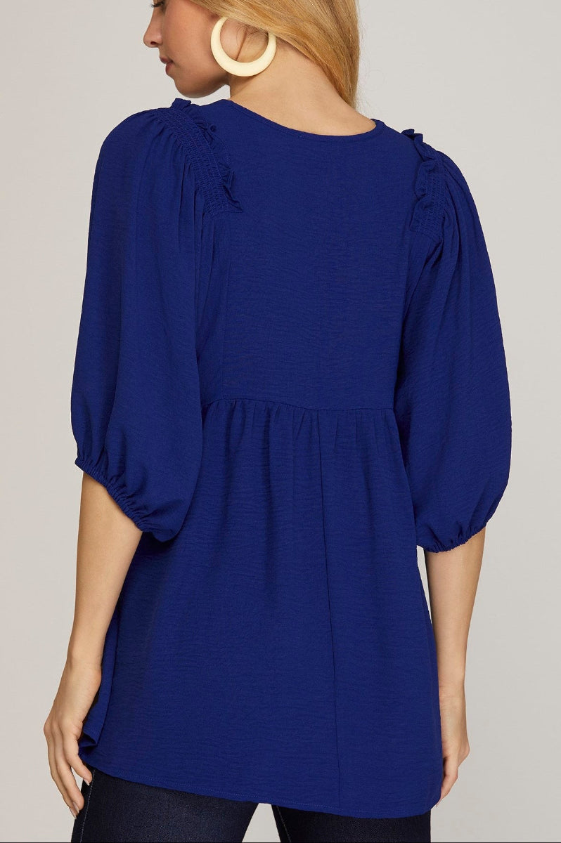 1/2 SLEEVE SMOCKED SHOULDER TUNNIC WOVEN TOP-SKSY6792*