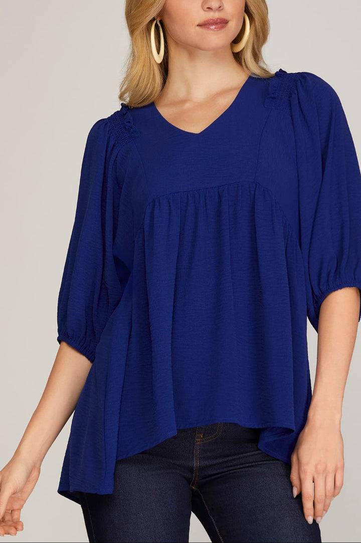 1/2 SLEEVE SMOCKED SHOULDER TUNNIC WOVEN TOP-SKSY6792*