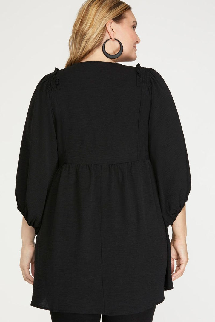 BLACK SMOCKED SHOULDER TUNIC PLUS SIZE TOP