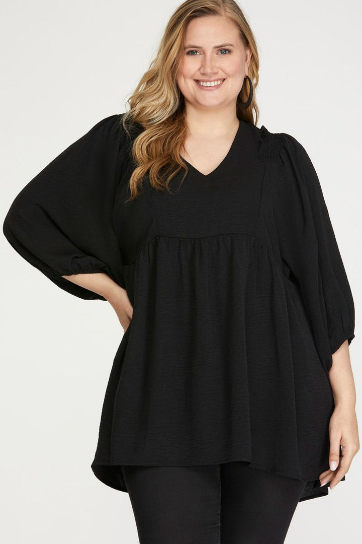 BLACK SMOCKED SHOULDER TUNIC PLUS SIZE TOP