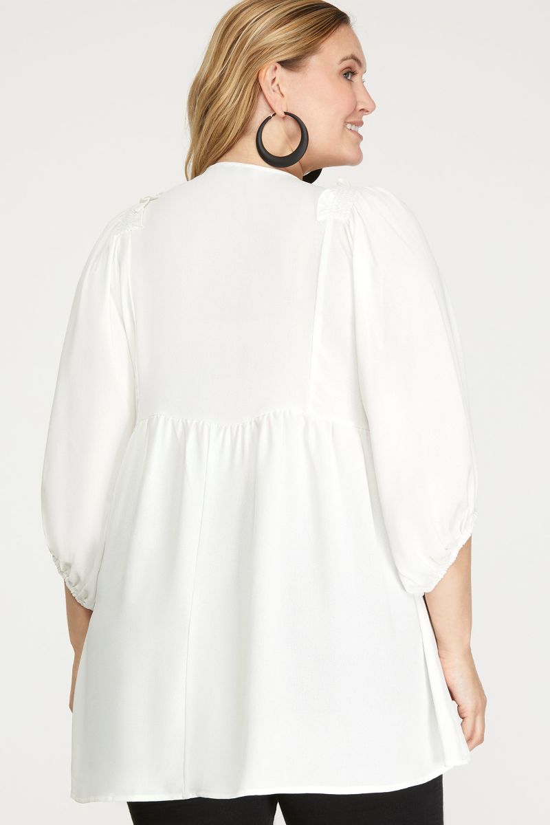 OFF WHITE SMOCKED SHOULDER TUNIC PLUS SIZE TOP
