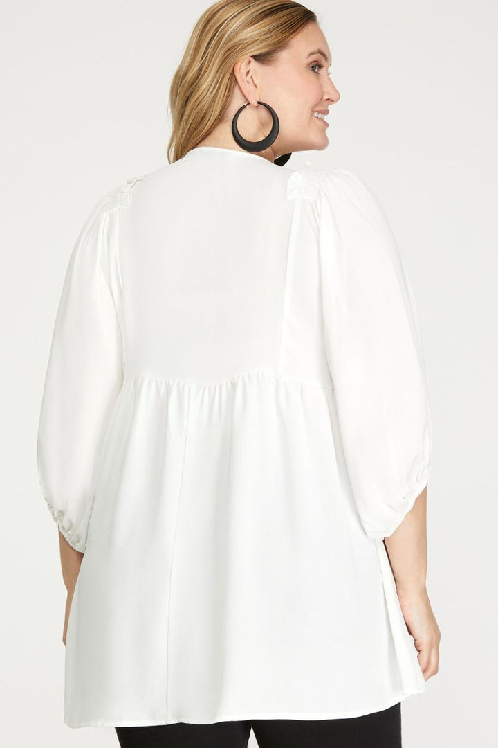 OFF WHITE SMOCKED SHOULDER TUNIC PLUS SIZE TOP