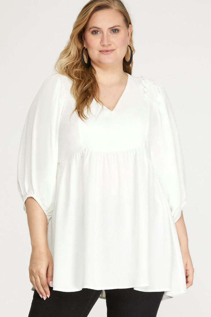 OFF WHITE SMOCKED SHOULDER TUNIC PLUS SIZE TOP
