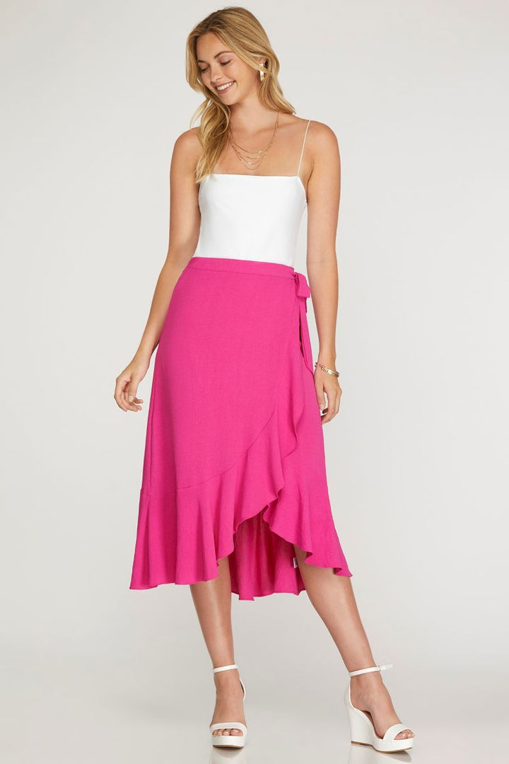 HOT PINK WRAP RUFFLED HEM SIDE TIE WOVEN MIDI SKIRT-SKSY7020