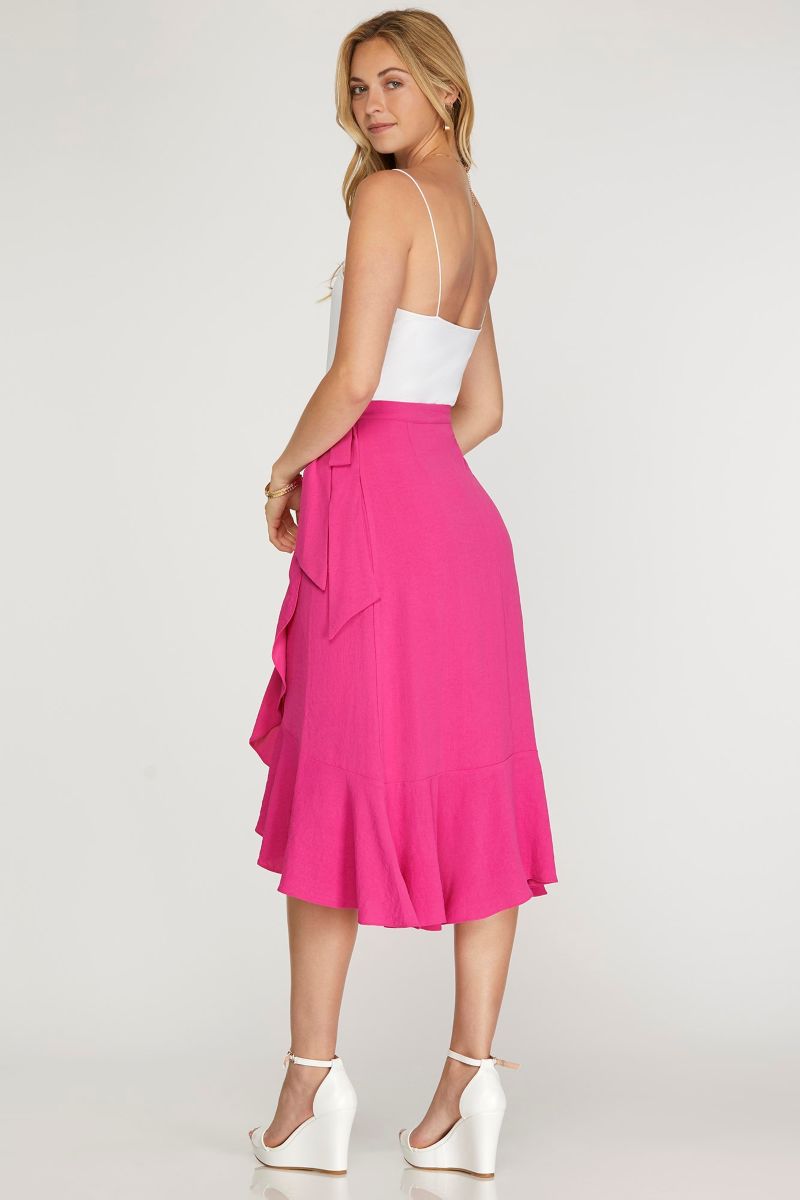 HOT PINK WRAP RUFFLED HEM SIDE TIE WOVEN MIDI SKIRT-SKSY7020