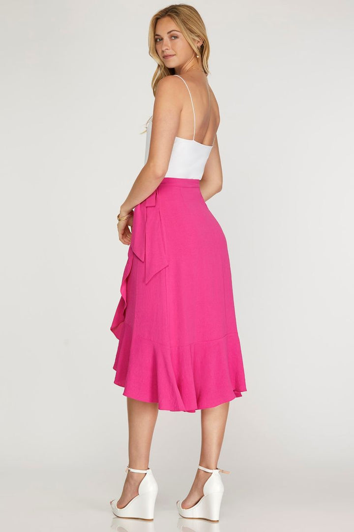 HOT PINK WRAP RUFFLED HEM SIDE TIE WOVEN MIDI SKIRT-SKSY7020