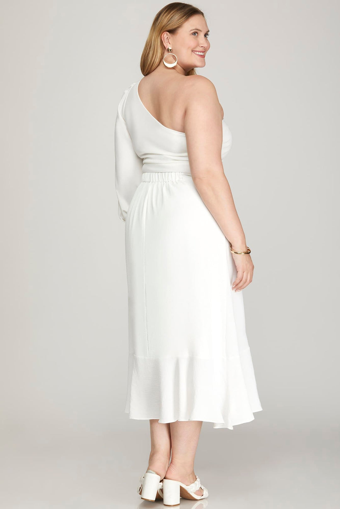 WOVEN WRAP MIDI SKIRT WITH RUFFLED HEM AND SIDE TIE