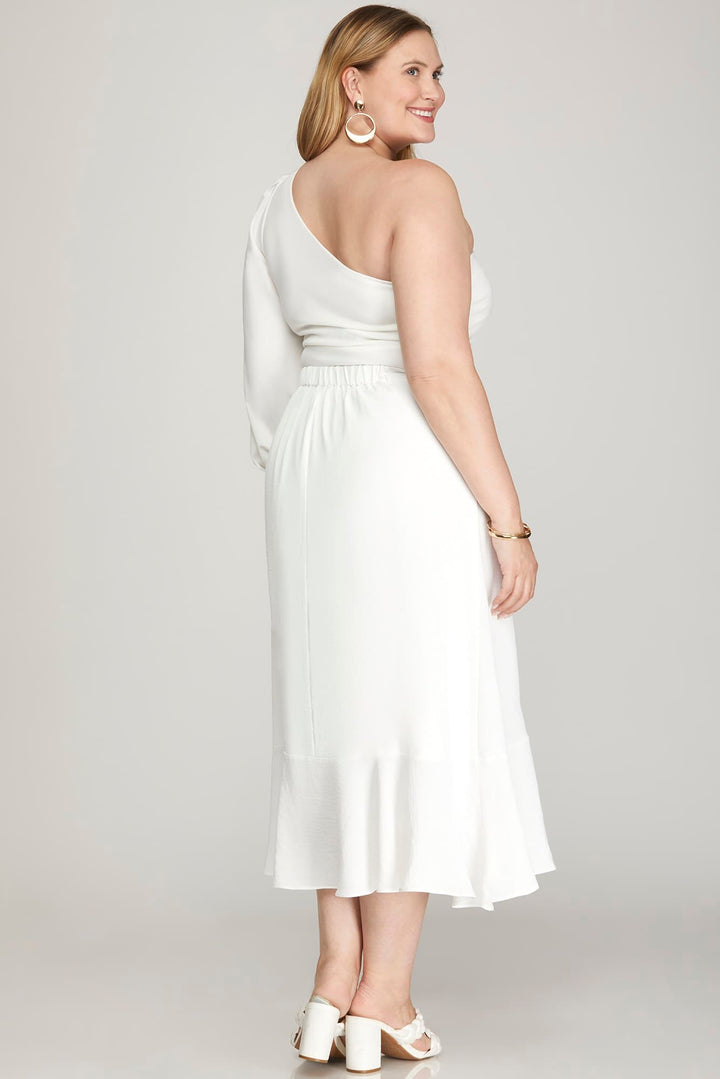 WOVEN WRAP MIDI SKIRT WITH RUFFLED HEM AND SIDE TIE