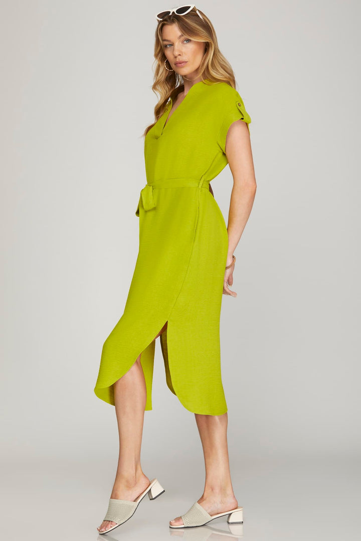 TAUPE DROP SHOULDER W/ WAIST TIE & SIDE POCKETS WOVEN MIDI DRESS