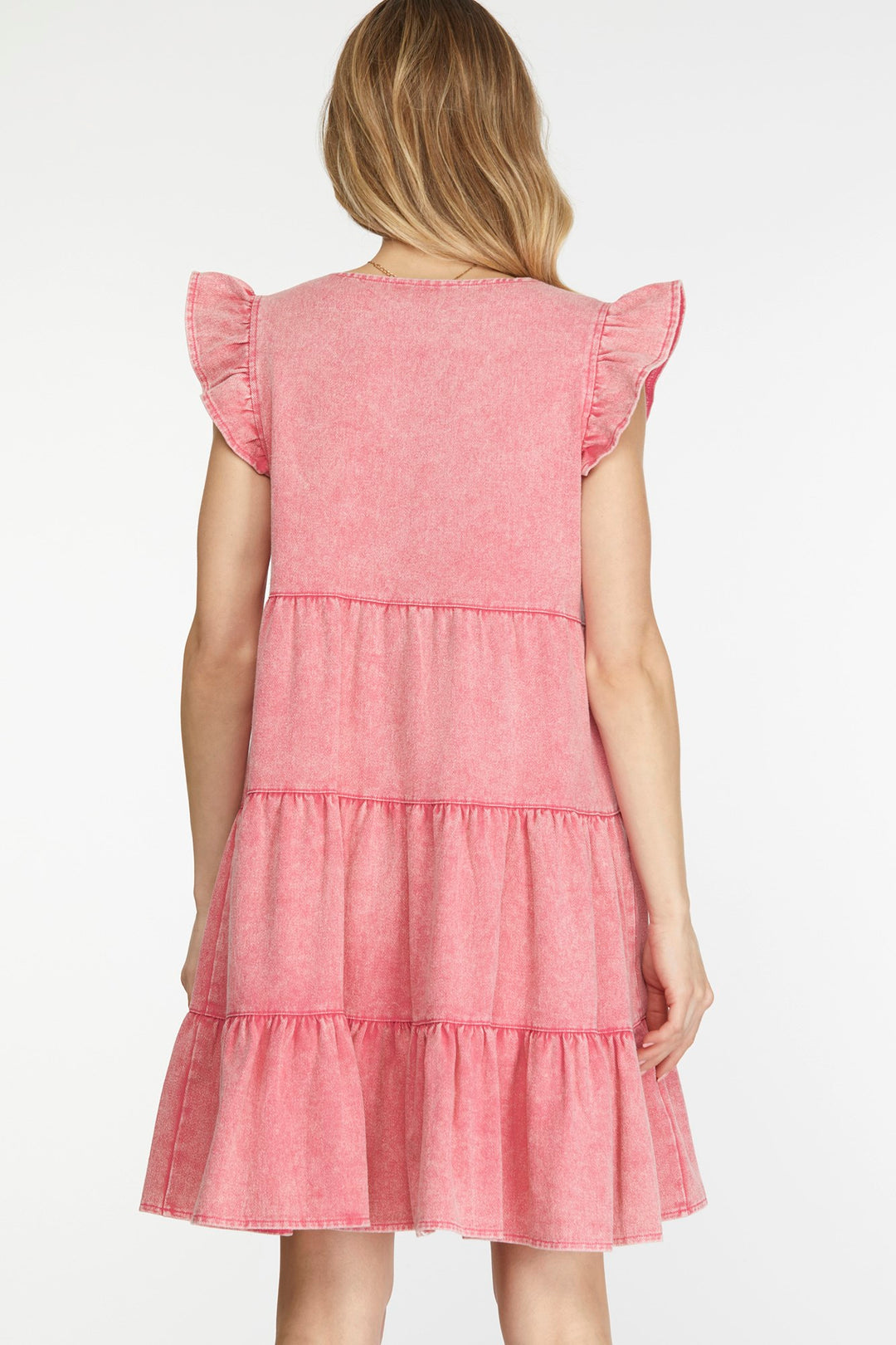 RUFFLE SLEEVE TIERED BUTTON DOWN WASH TWILL DRESS