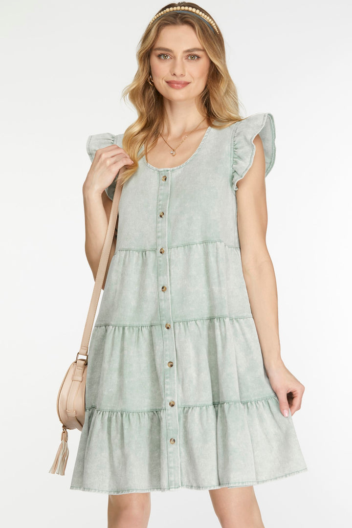 RUFFLE SLEEVE TIERED BUTTON DOWN WASH TWILL DRESS