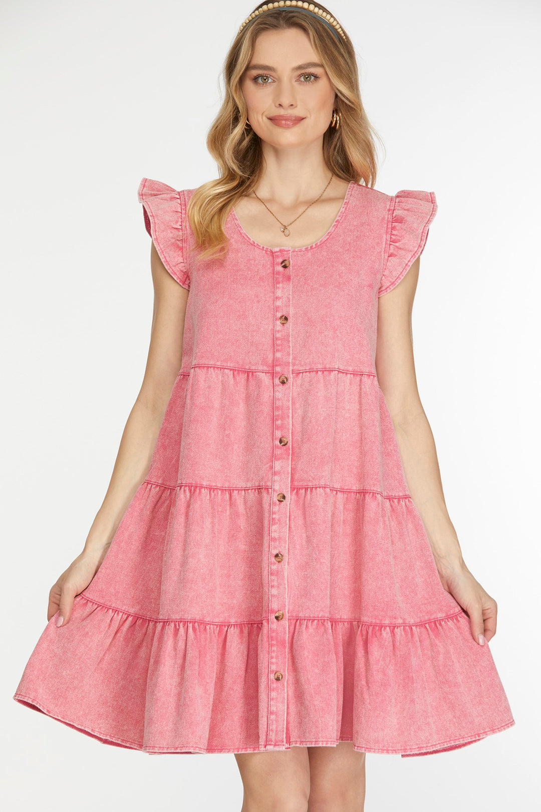 RUFFLE SLEEVE TIERED BUTTON DOWN WASH TWILL DRESS