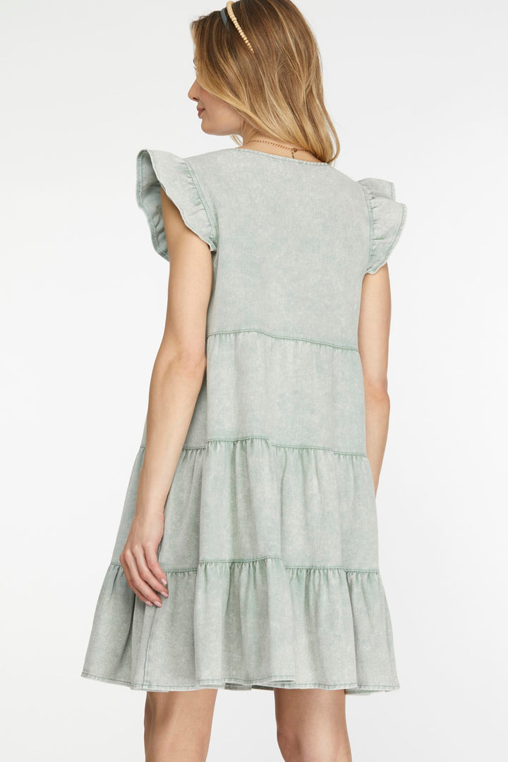 RUFFLE SLEEVE TIERED BUTTON DOWN WASH TWILL DRESS