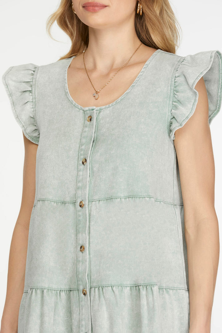 RUFFLE SLEEVE TIERED BUTTON DOWN WASH TWILL DRESS