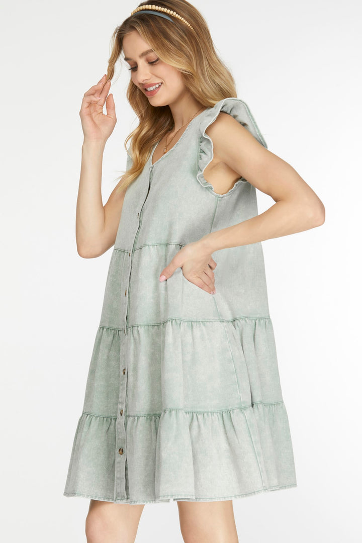 RUFFLE SLEEVE TIERED BUTTON DOWN WASH TWILL DRESS