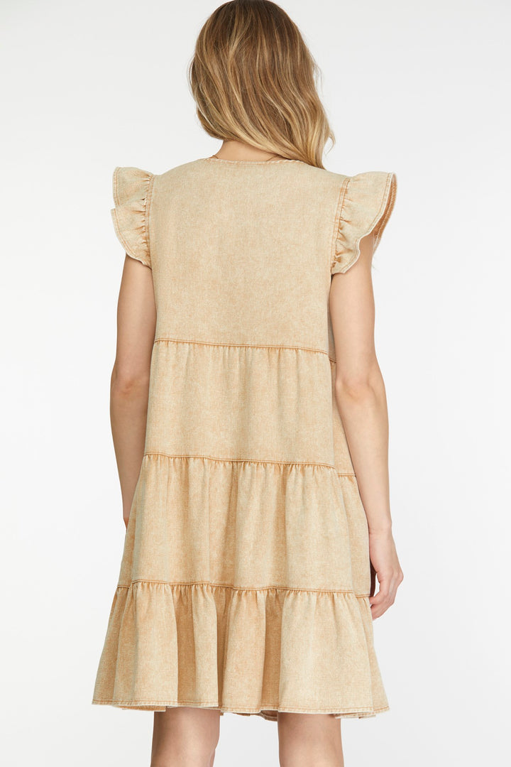 RUFFLE SLEEVE TIERED BUTTON DOWN WASH TWILL DRESS
