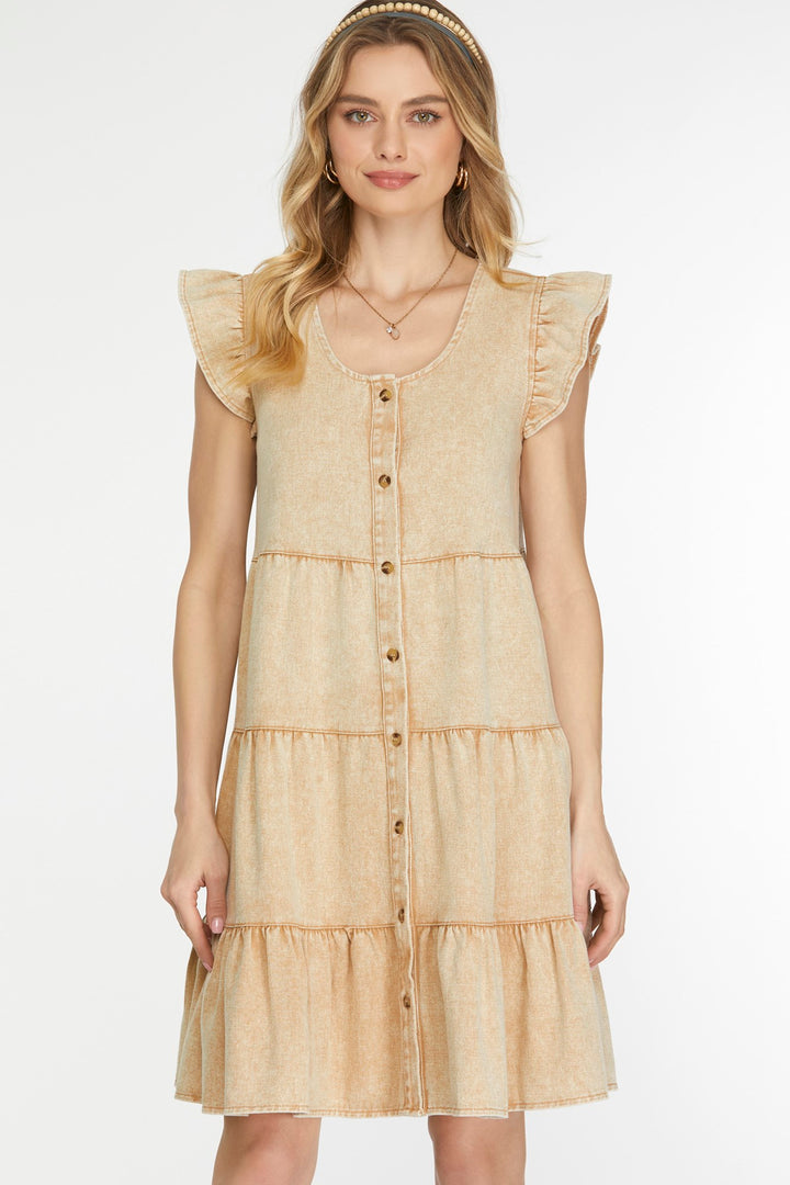 RUFFLE SLEEVE TIERED BUTTON DOWN WASH TWILL DRESS