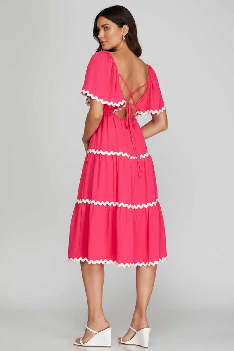 FLOUNCE SLEEVE BACK TIE WOVEN TIERED MIDI DRESS WITH RIC RAC TRIM