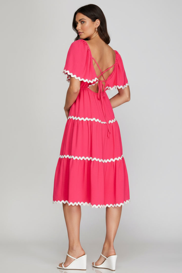 FLOUNCE SLEEVE BACK TIE WOVEN TIERED MIDI DRESS WITH RIC RAC TRIM