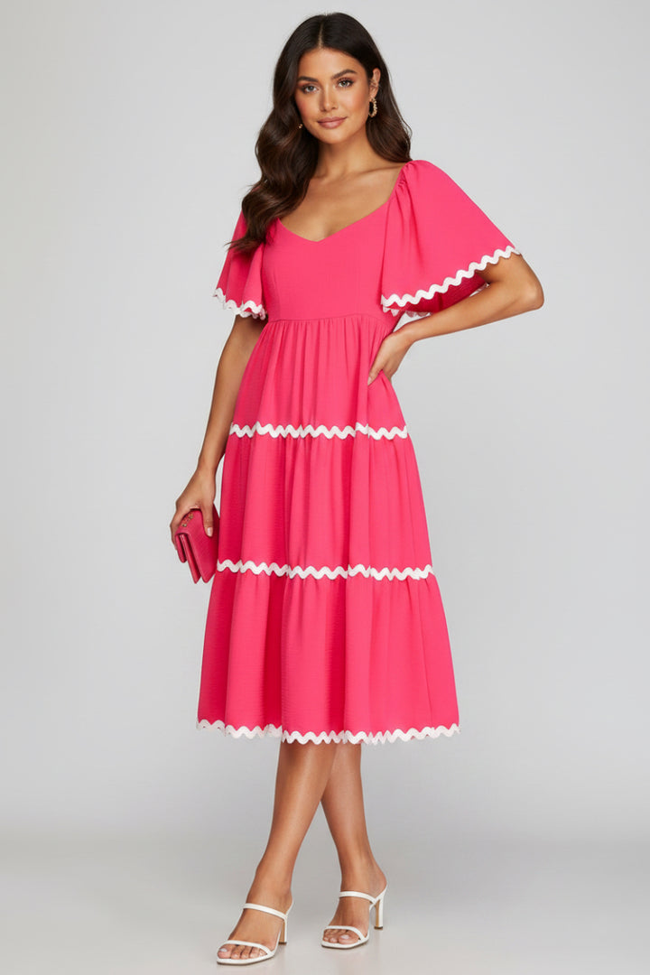 FLOUNCE SLEEVE BACK TIE WOVEN TIERED MIDI DRESS WITH RIC RAC TRIM