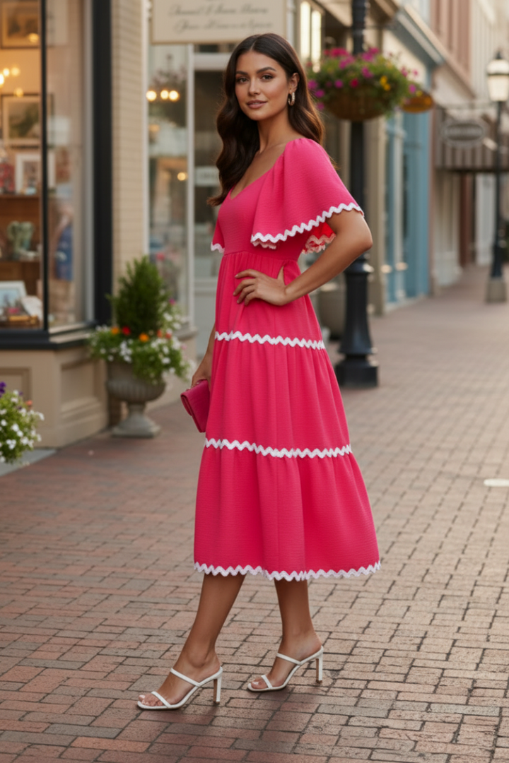 FLOUNCE SLEEVE BACK TIE WOVEN TIERED MIDI DRESS WITH RIC RAC TRIM