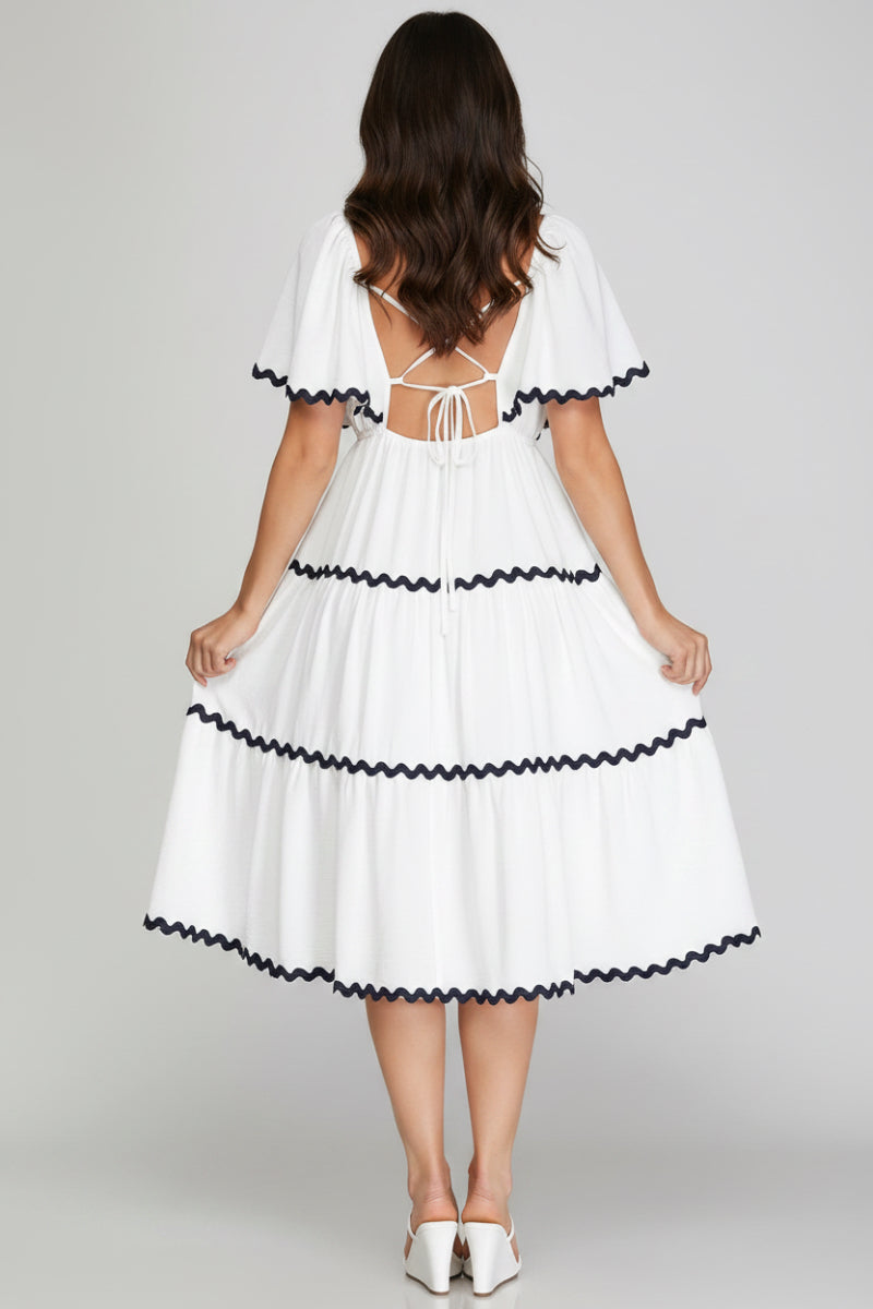 FLOUNCE SLEEVE BACK TIE WOVEN TIERED MIDI DRESS WITH RIC RAC TRIM