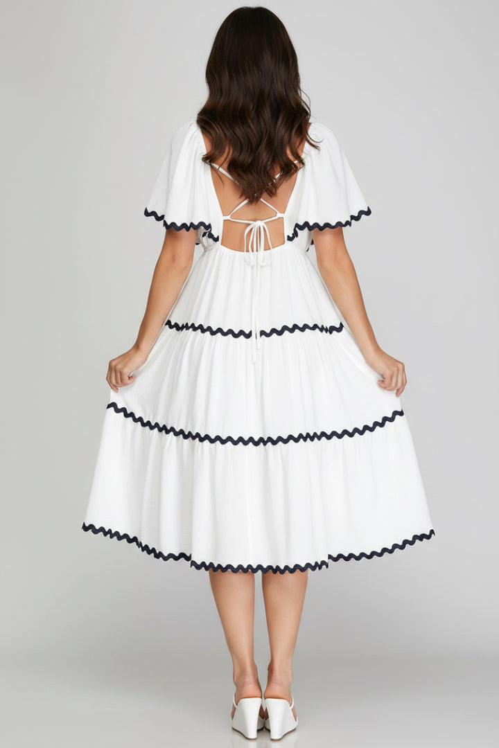 FLOUNCE SLEEVE BACK TIE WOVEN TIERED MIDI DRESS WITH RIC RAC TRIM