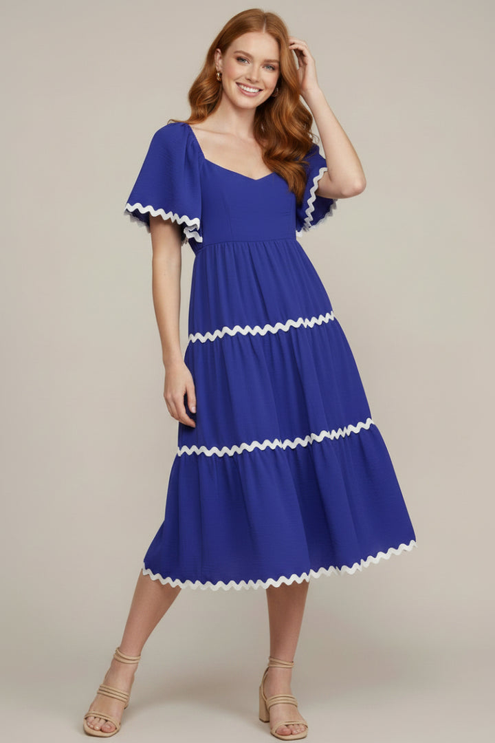 FLOUNCE SLEEVE BACK TIE WOVEN TIERED MIDI DRESS WITH RIC RAC TRIM