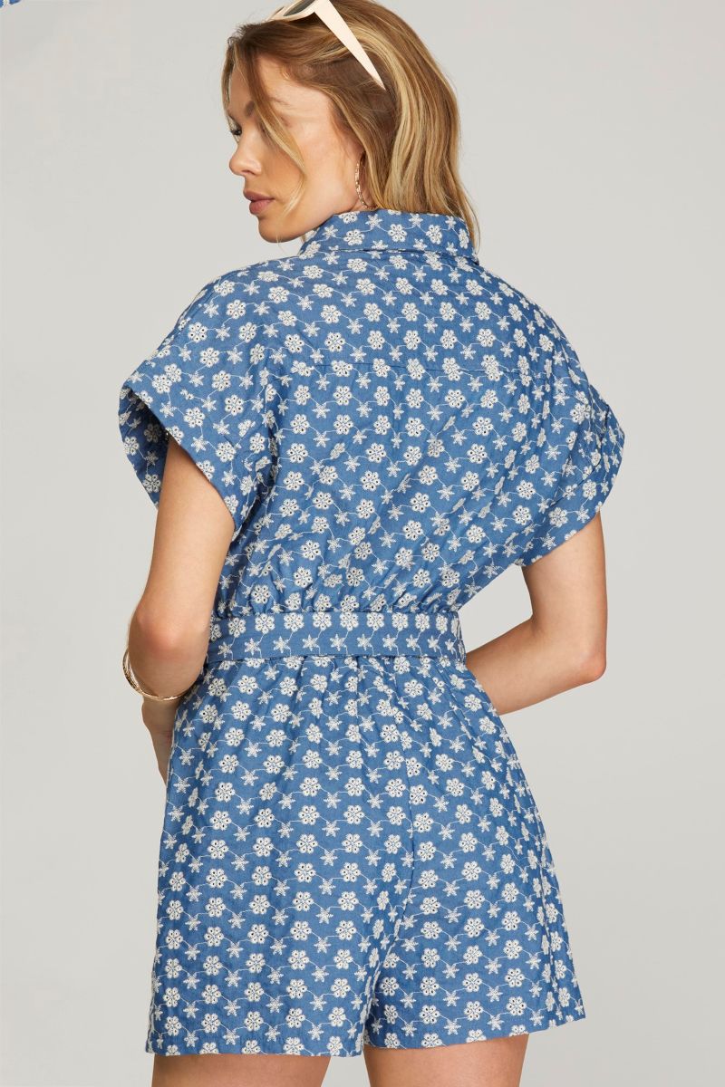 DENIM BLUE COLLARED BUTTON DOWN W/ POCKETS EYELET ROMPER SKSY7019