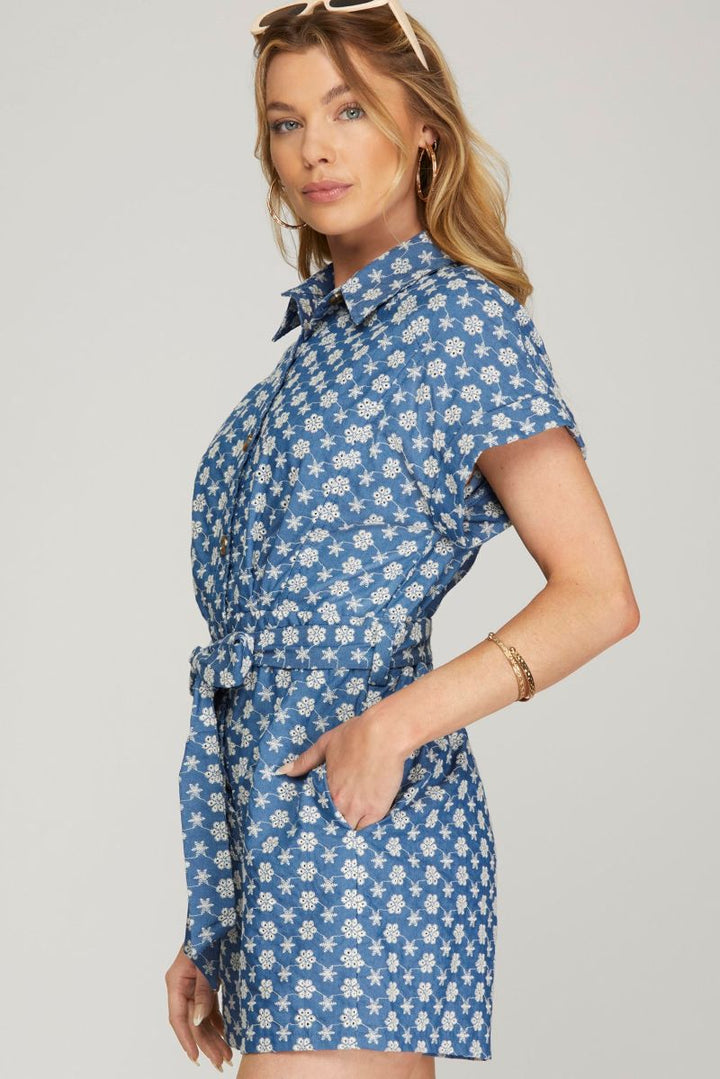 DENIM BLUE COLLARED BUTTON DOWN W/ POCKETS EYELET ROMPER SKSY7019
