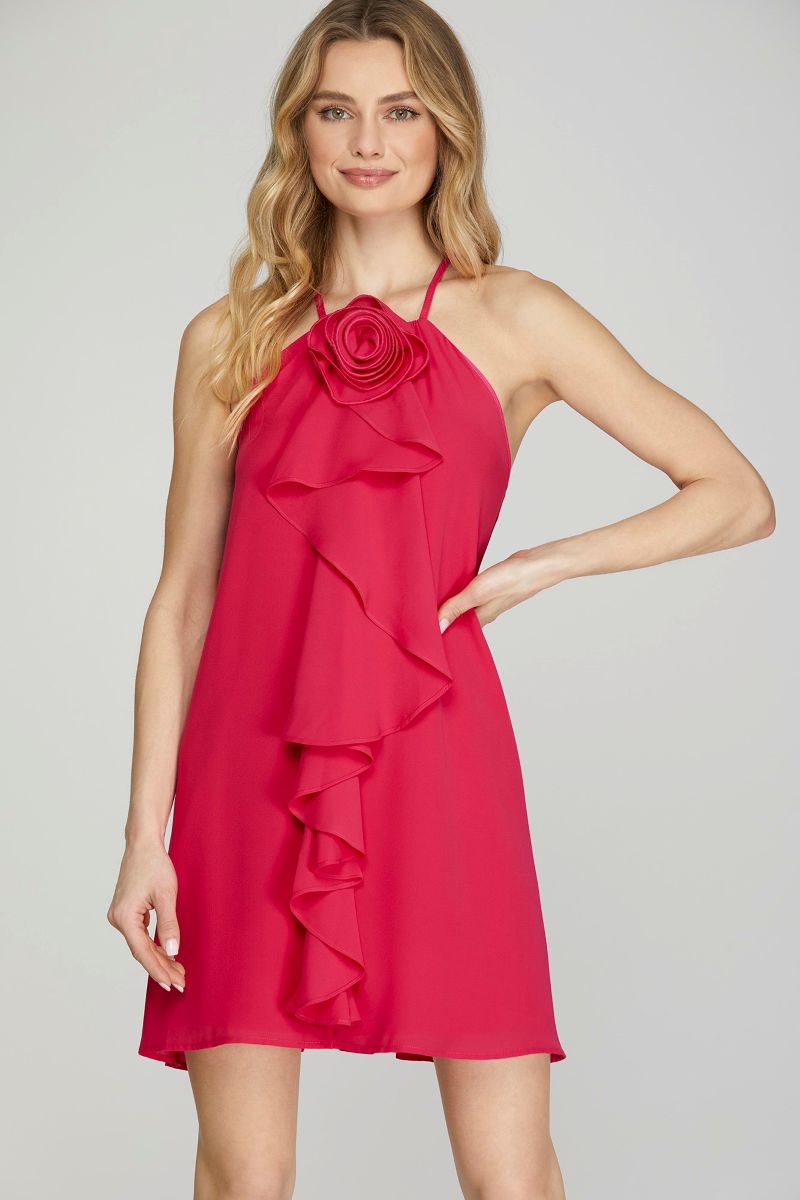 FUCHSIA HALTER ROSETTE RUFFLED WOVEN MINI DRESS