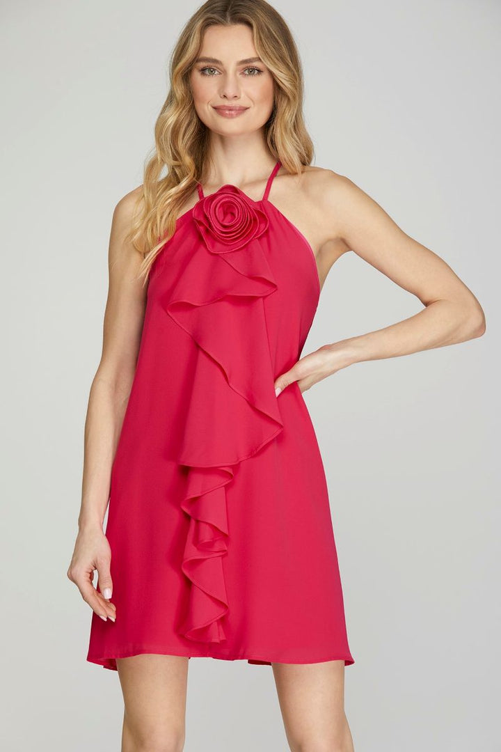 FUCHSIA HALTER ROSETTE RUFFLED WOVEN MINI DRESS
