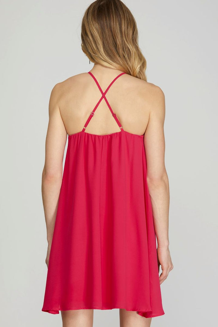 FUCHSIA HALTER ROSETTE RUFFLED WOVEN MINI DRESS