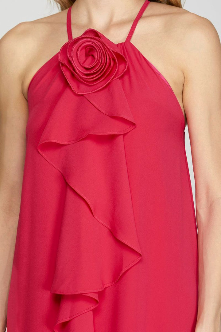 FUCHSIA HALTER ROSETTE RUFFLED WOVEN MINI DRESS