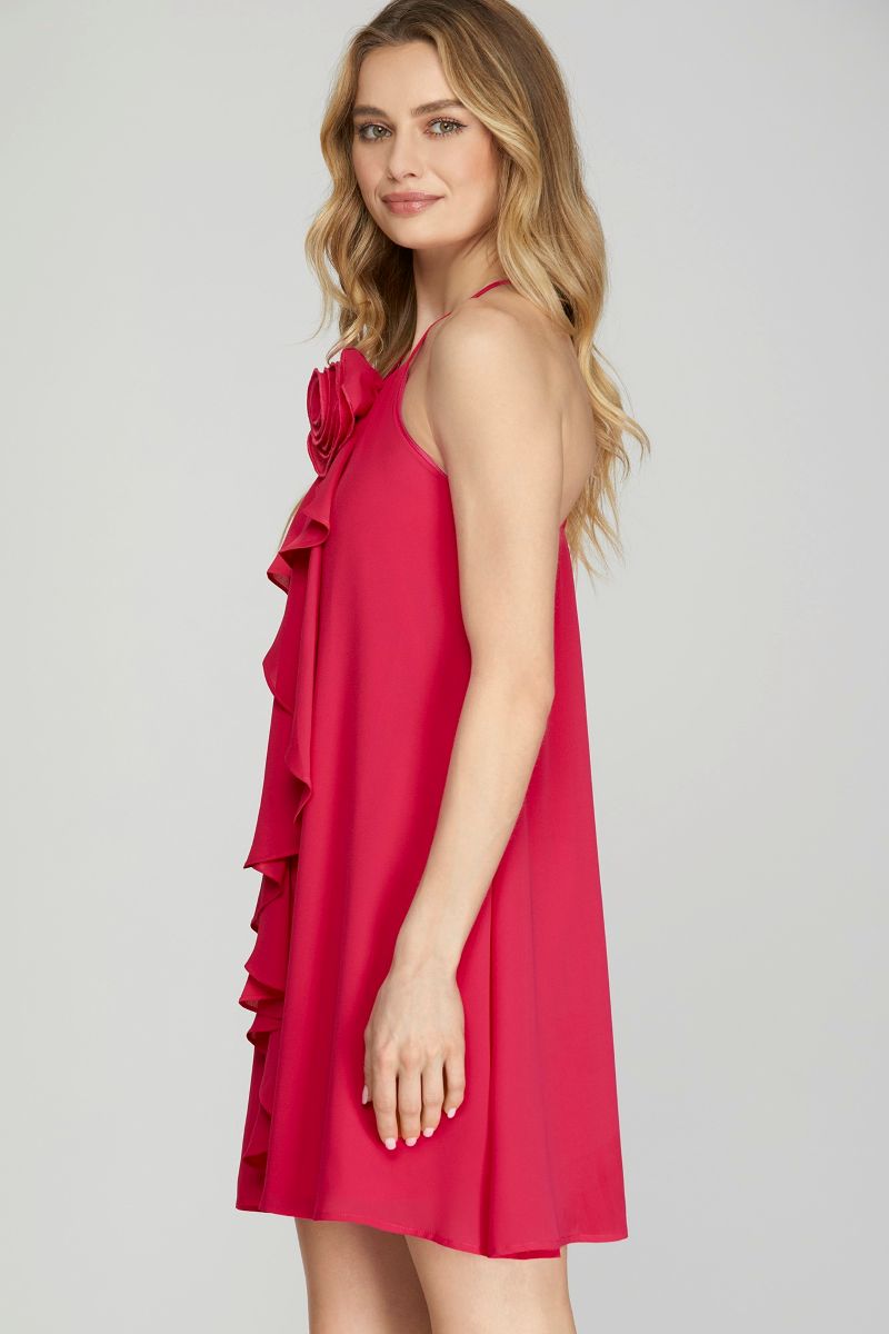 FUCHSIA HALTER ROSETTE RUFFLED WOVEN MINI DRESS