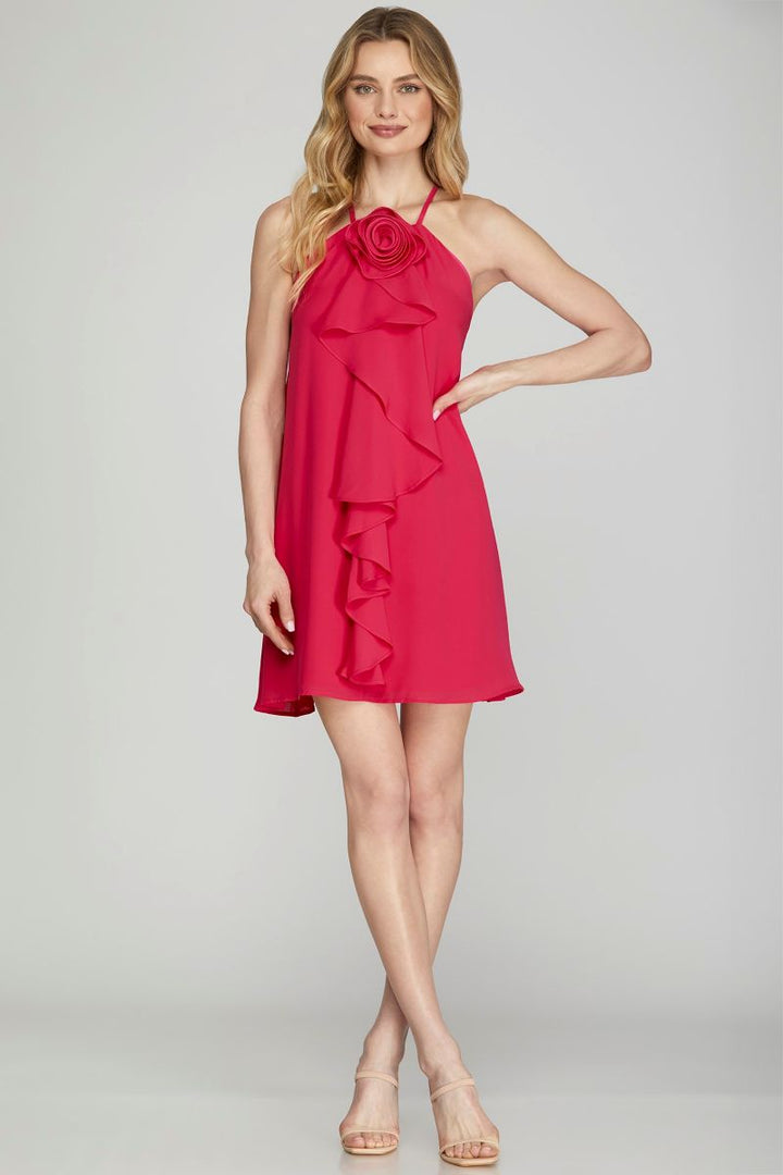 FUCHSIA HALTER ROSETTE RUFFLED WOVEN MINI DRESS