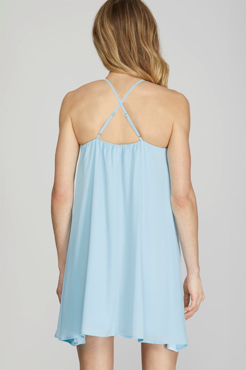 LT. BLUE HALTER ROSETTE RUFFLED WOVEN MINI DRESS