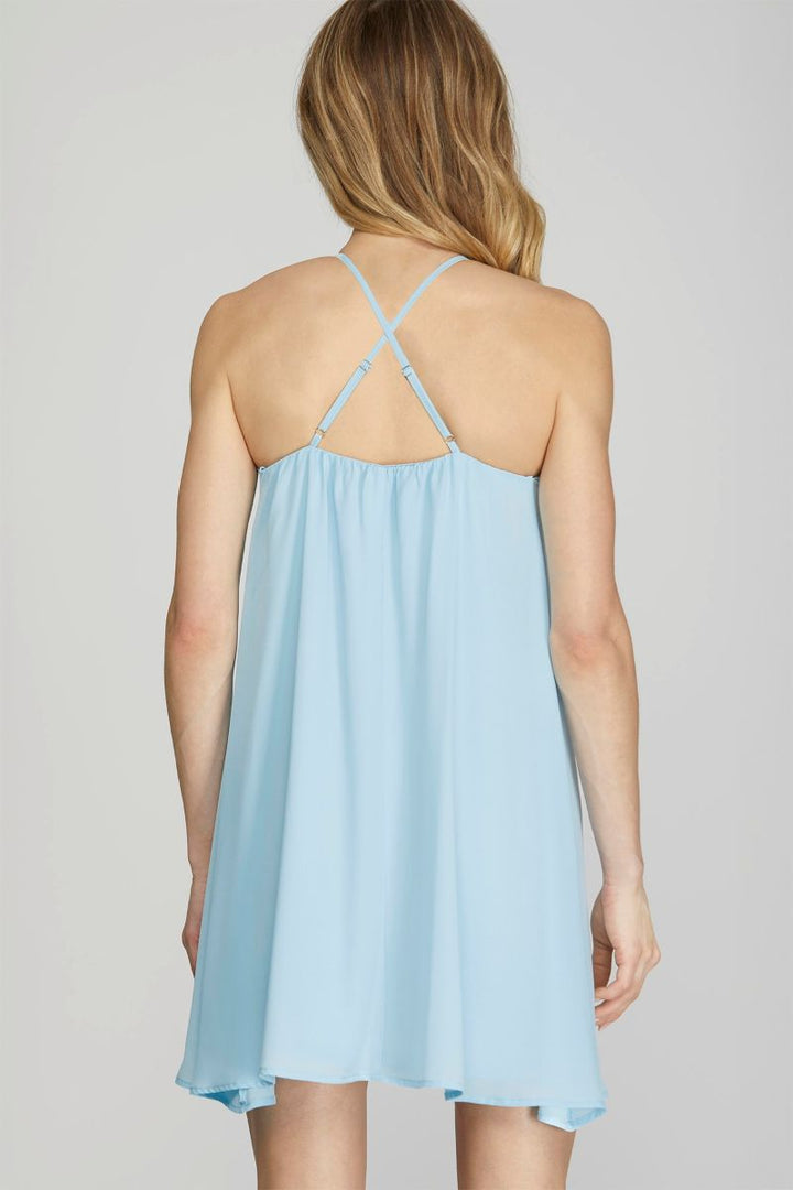 LT. BLUE HALTER ROSETTE RUFFLED WOVEN MINI DRESS