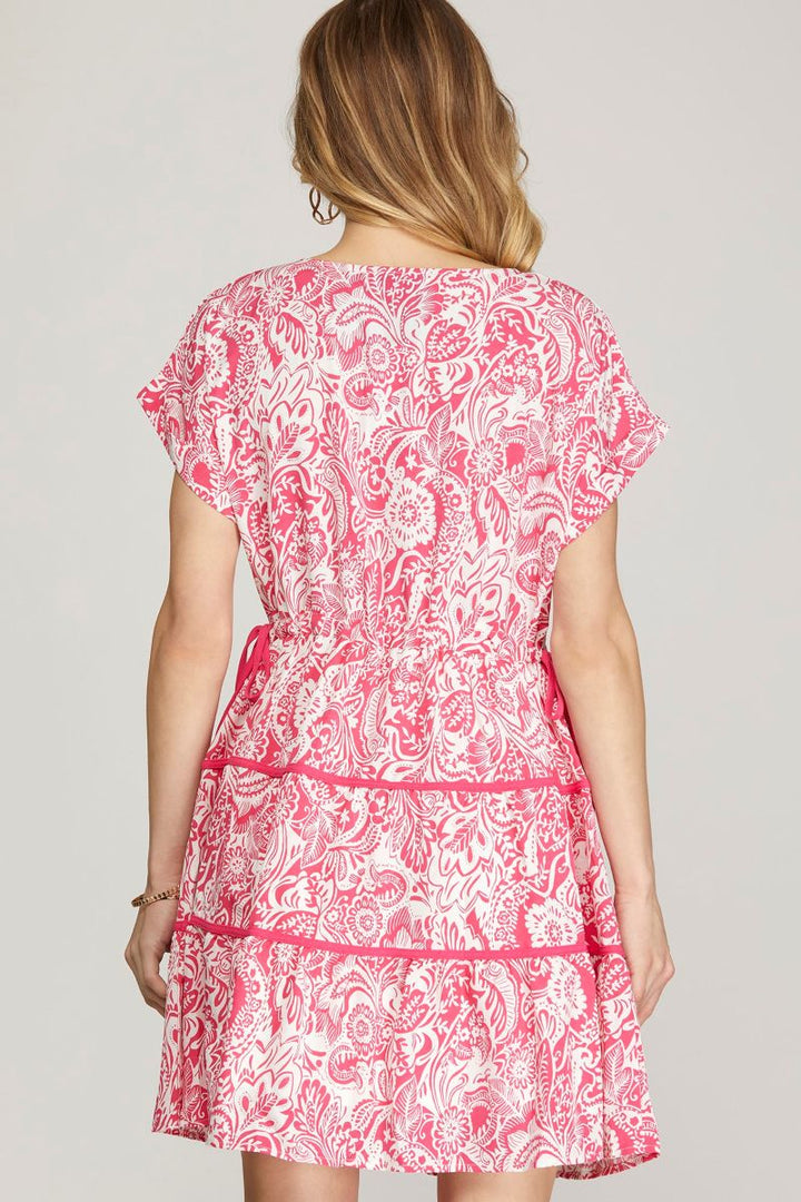 PINK FLORAL DROP SHOULDER WOVEN MINI DRESS SKSY6843