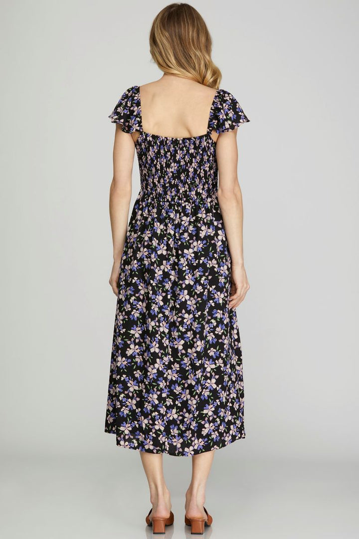BLACK FLORAL FLUTTER SLEEVES CENTER SLIT WOVEN MIDI DRESS SKSY6967