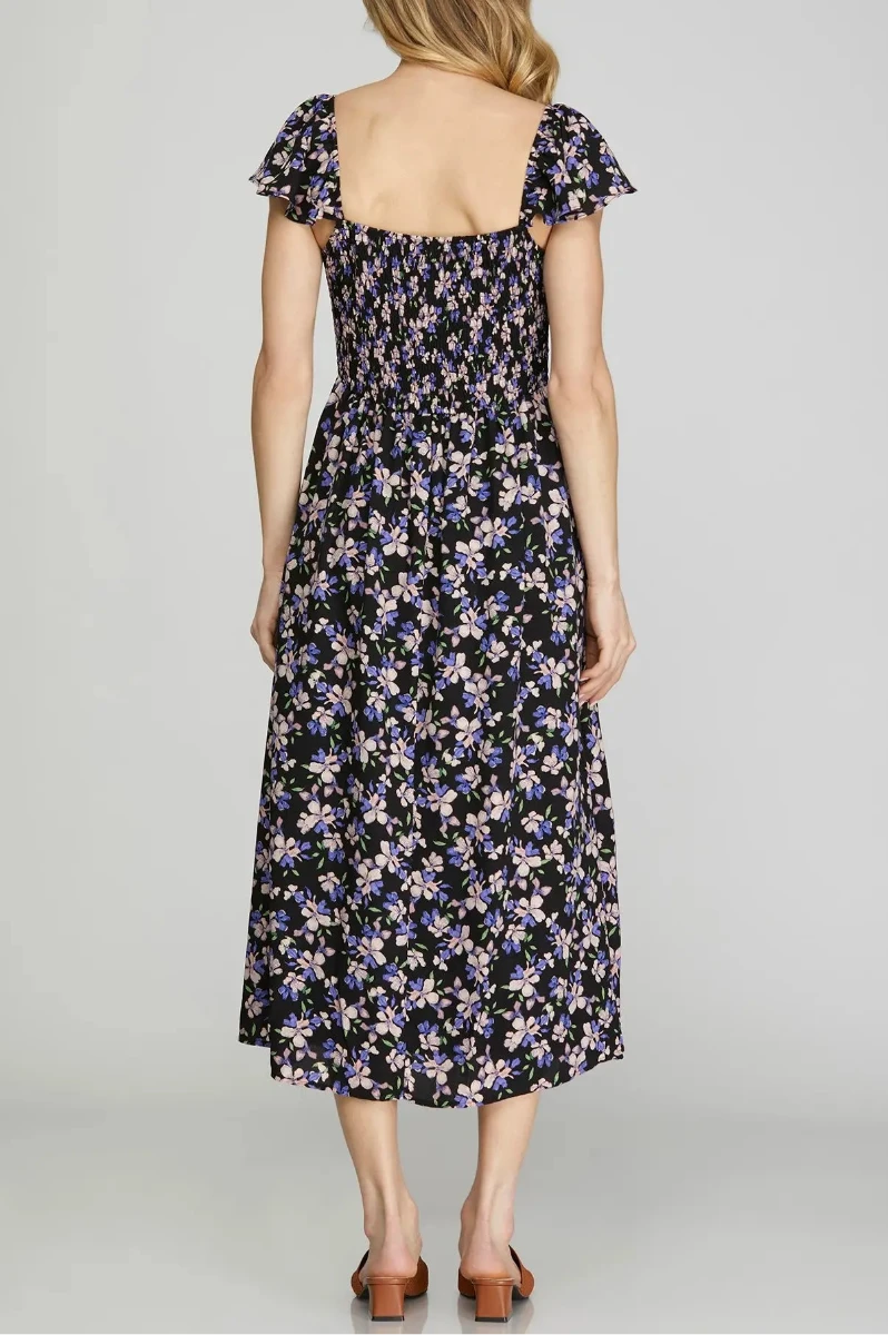 FLORAL FLUTTER SLEEVES CENTER SLIT WOVEN MIDI DRESS SKSY6967