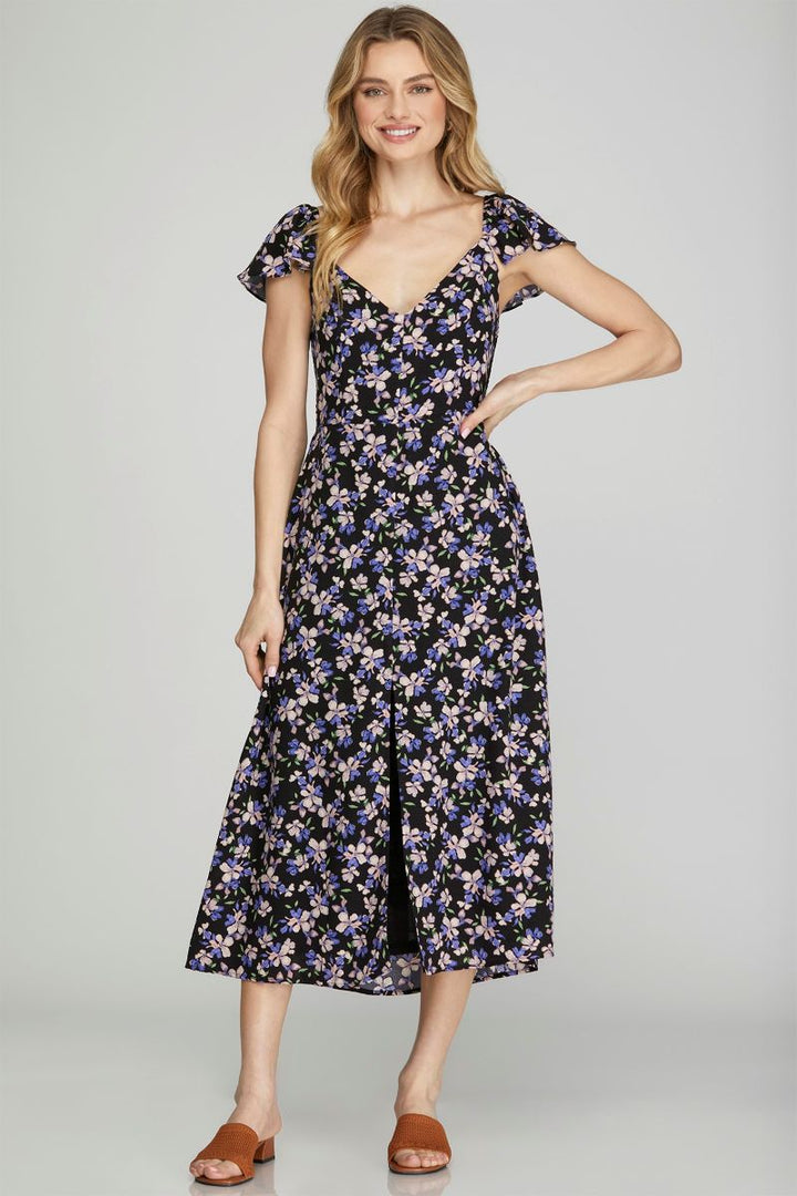 BLACK FLORAL FLUTTER SLEEVES CENTER SLIT WOVEN MIDI DRESS SKSY6967