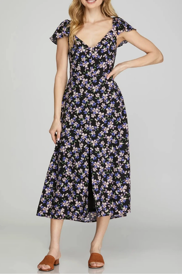 FLORAL FLUTTER SLEEVES CENTER SLIT WOVEN MIDI DRESS SKSY6967